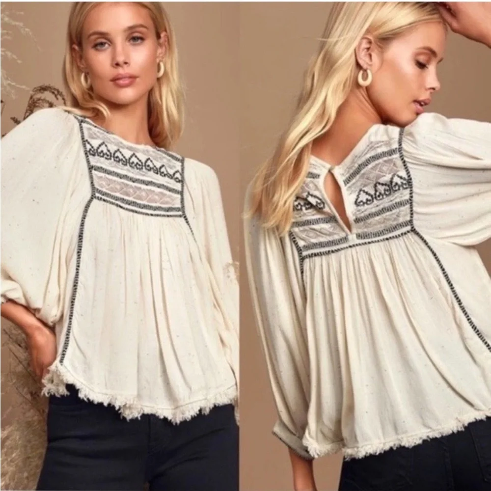 Free People Cyprus Avenue Peasant Blouse Embroidered Puff Sleeve Edwardian Small - Picture 11 of 11